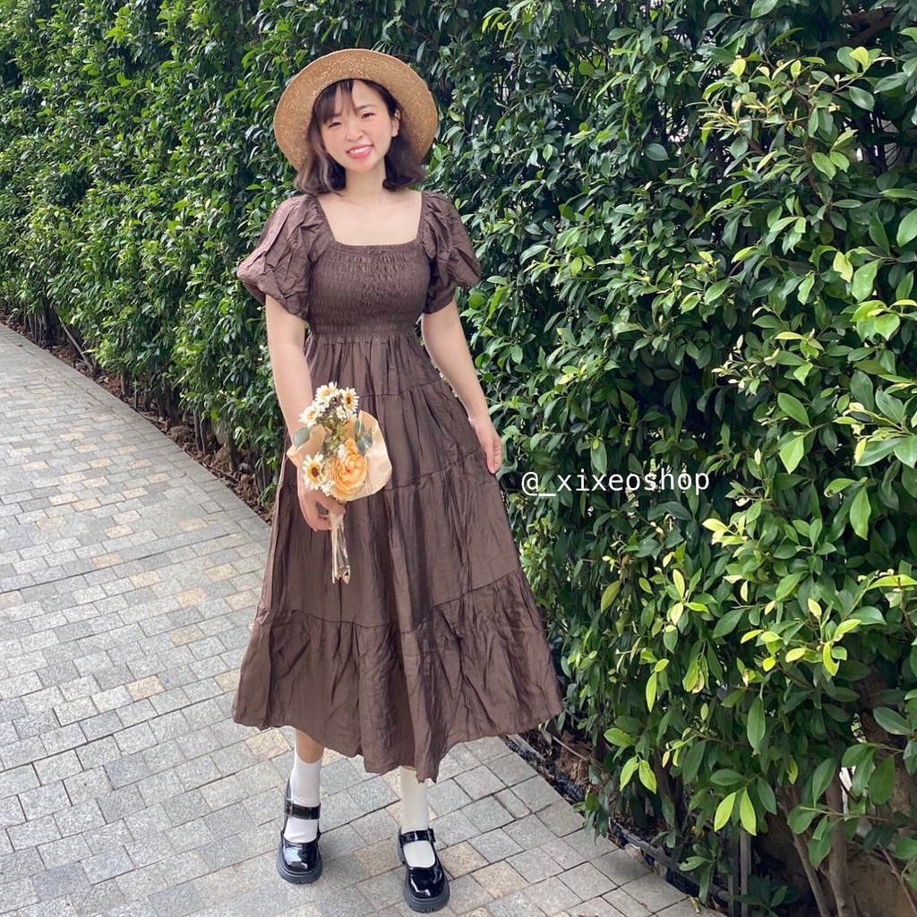 Váy maxi tay bồng dáng dài xoè, đầm xanh cốm vintage xixeoshop - v145