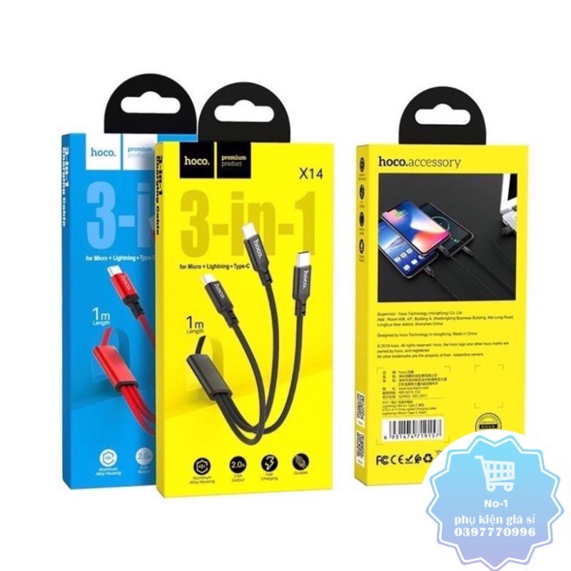 Cáp sạc đa năng 3in1 Hoco X14 cổng microUSB//Type-C dài 1M,max 2.4A Dây dù 3 đầu Android IP| Type C