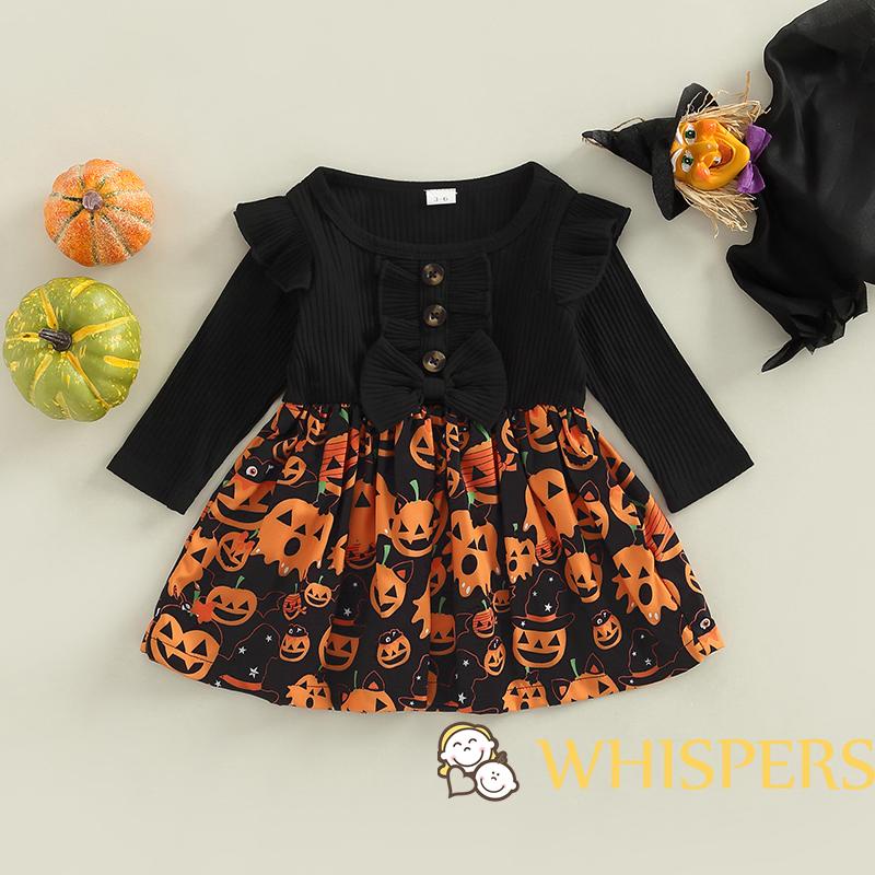 Đầm Tay Dài Phối Bèo Hoạ Tiết Bí Ngô Phong Cách Halloween Cho Bé Gái
