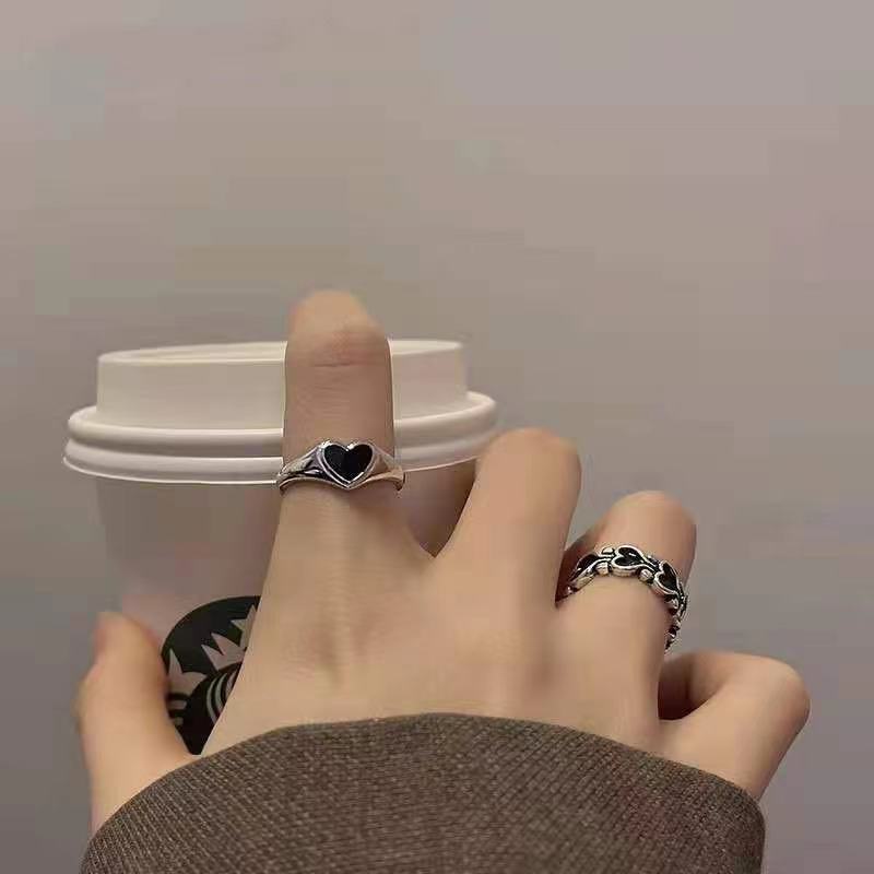 Nhẫn Hở Họa Tiết Trái Tim Màu Đen Phong Cách hip hop Hàn Quốc Thời Trang Cho Nữ