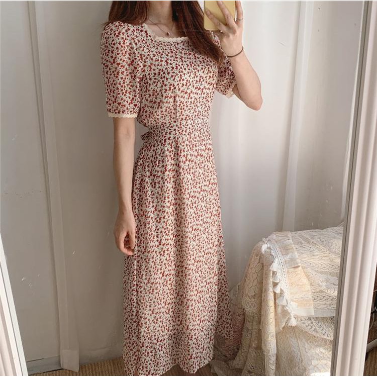 Váy vintage hoa nhí cổ vuông phối ren dáng xòe nhẹ hàn quốc chun eo - 502 | BigBuy360 - bigbuy360.vn