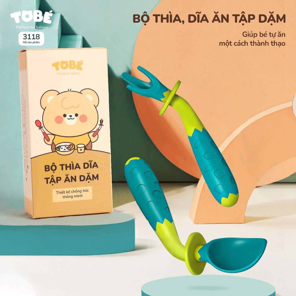 Bộ Thìa Dĩa Tập Ăn Dặm ToBé tay cầm có thể uốn cong, thiết kế chống hóc thông minh an toàn