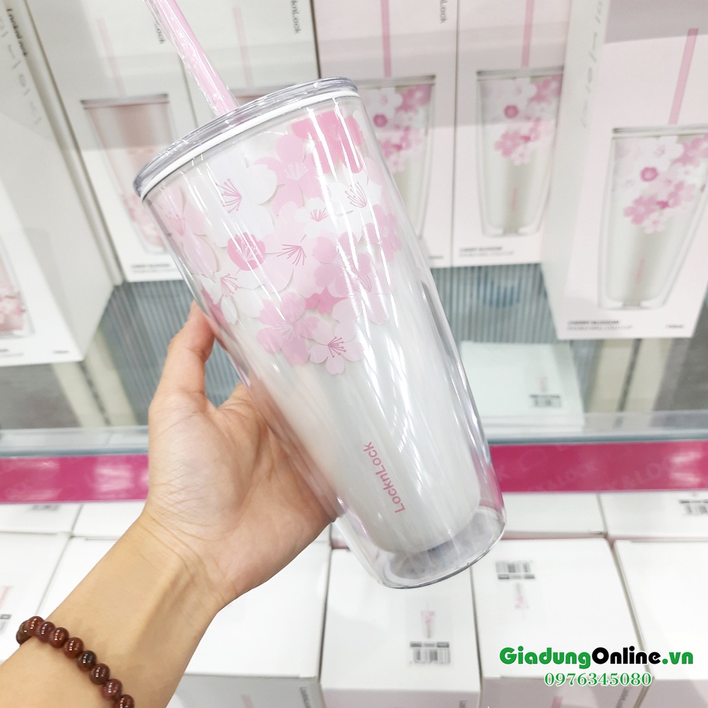 Ly Nhựa 2 lớp LocknLock Cherry Blossom Kèm Ống Hút HAP509WHT / HAP509PIK 750ml - Hàng chính hãng