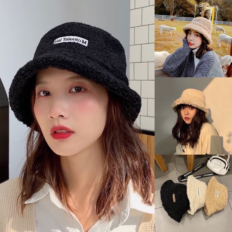 Mũ lông cừu bucket retro phong cách hàn quốc mũ lông cừu nữ mềm giữ ấm thu đông ulzzang