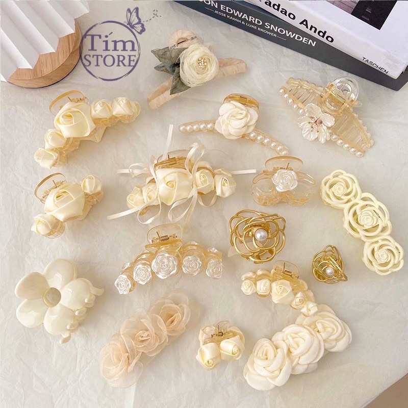Kẹp tóc nữ hoa hồng vải trắng nhiều kiểu TÍM STORE phụ kiện búi tóc phong cách hàn quốc