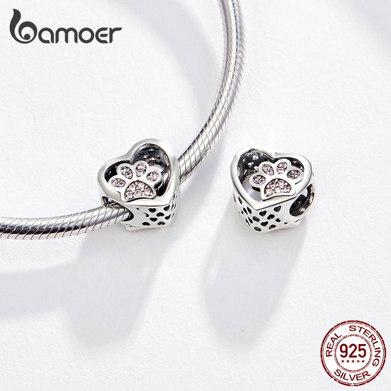 Mặt dây Bamoer hình trái tim phối dấu chân thú cưng bằng bạc đáng yêu