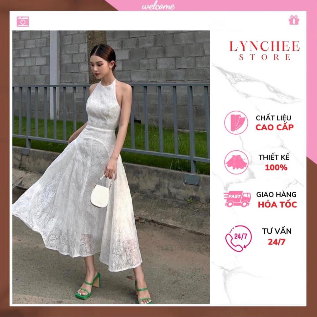 Đầm Maxi Cổ Yếm Hở Lưng, Đầm Midi Tơ Cổ Yếm Xoè Rộng Chất Liệu Lụa Tơ Mềm Mạ Không Nhăn - Lynche Offical