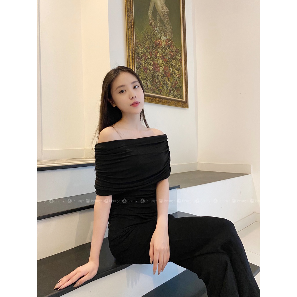 Áo trễ vai ngang bản to dúm sành điệu, 3 màu, hot trend, co giãn tốt Peony - LUAH TOP