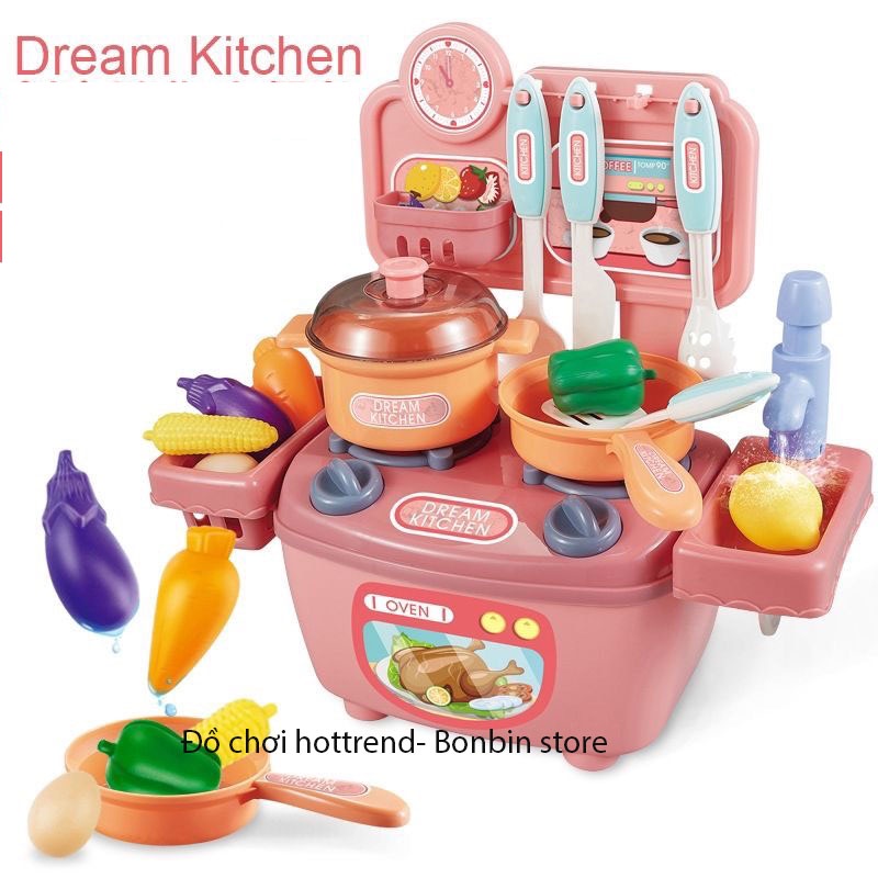 Bộ đồ chơi nấu ăn nhà bếp Dream Kitchen Mini cao cấp vòi xịt được nước kt 30*28*13cm màu hồng cho bé
