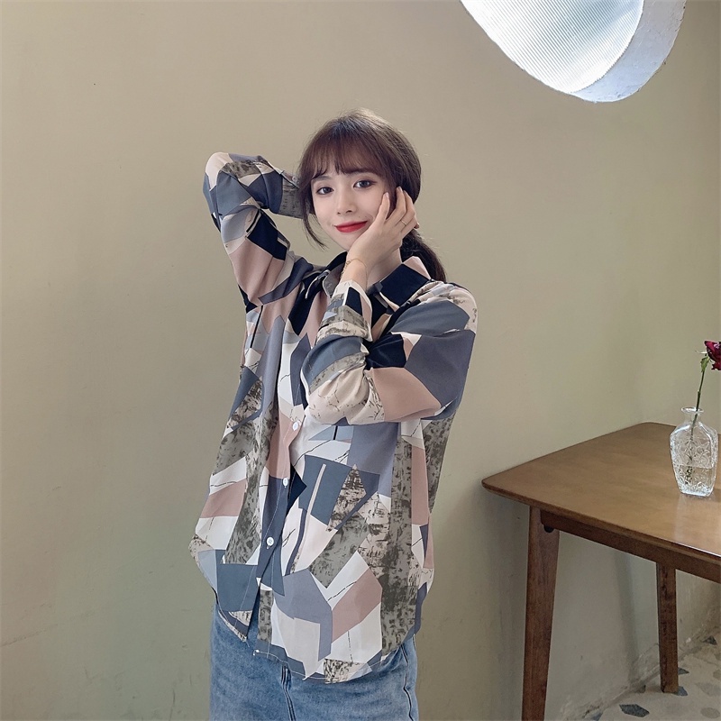 【ZHELIHANGFEI】Áo Sơ Mi Tay Dài Form Rộng Họa Tiết In Theo Phong Cách Retro Dễ Phối Đồ