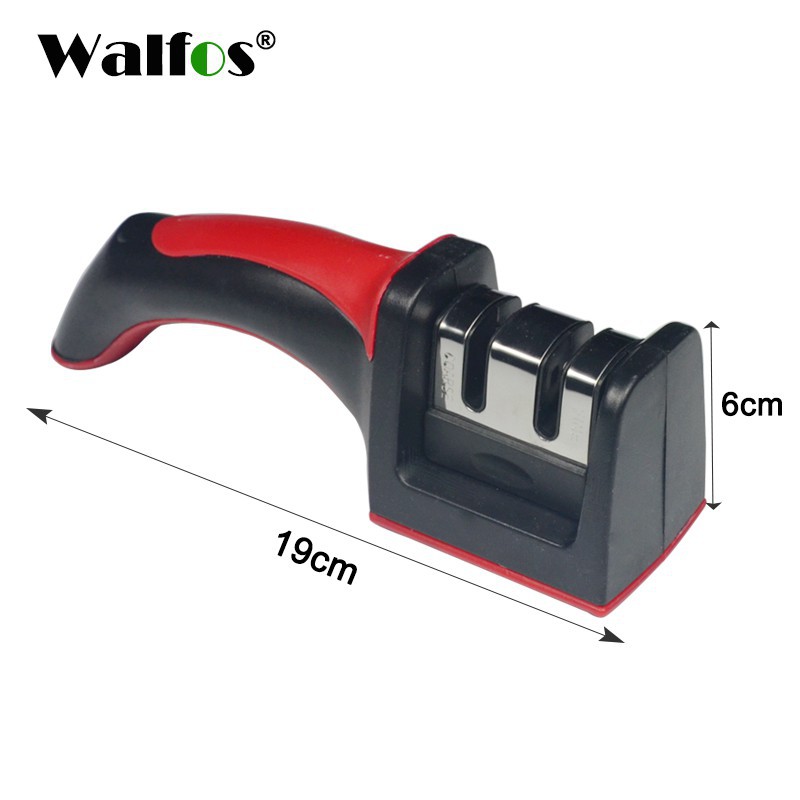 Dụng cụ mài dao bếp hiệu WALFOS nhỏ gọn kích thước 19X5X5.5CM chất liệu thép không gỉ và nhựa với 3 kiểu màu khác nhau