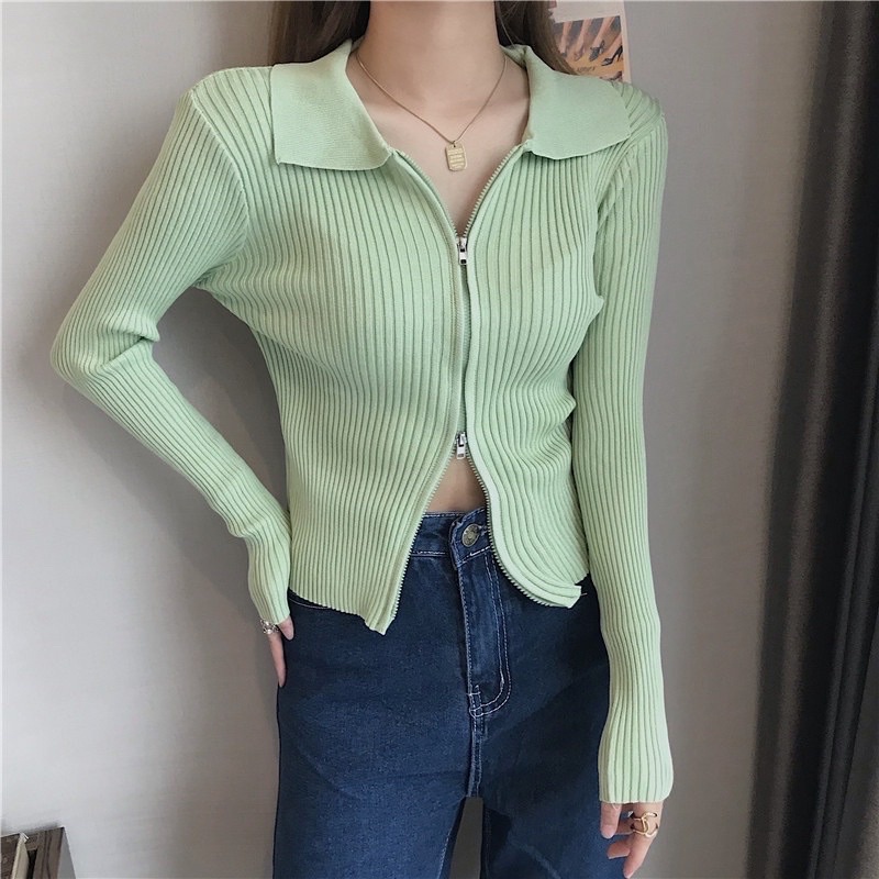 [Hot] Áo Len Tăm Gân Body Dài Tay Nữ Cổ Bẻ Khoá 2 Đầu Ôm Body Màu Trơn Cá Tính, Quyến Rũ