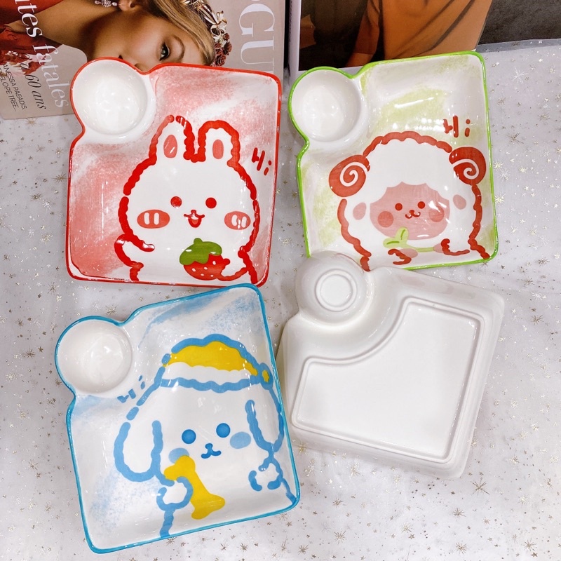 Đĩa sứ 2 ngăn ngộ nghĩnh, đĩa có ngăn nhỏ đựng nước sốt chấm, gia vị, khay sứ đựng đồ chiên rán tiện dụng