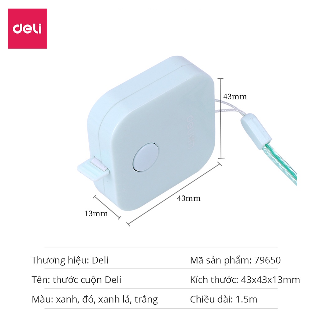 Thước dây da cuộn Deli - 1.5m - Hồng/ Xanh Lá/ Trắng/ Xanh Dương - 1 chiếc - 79650