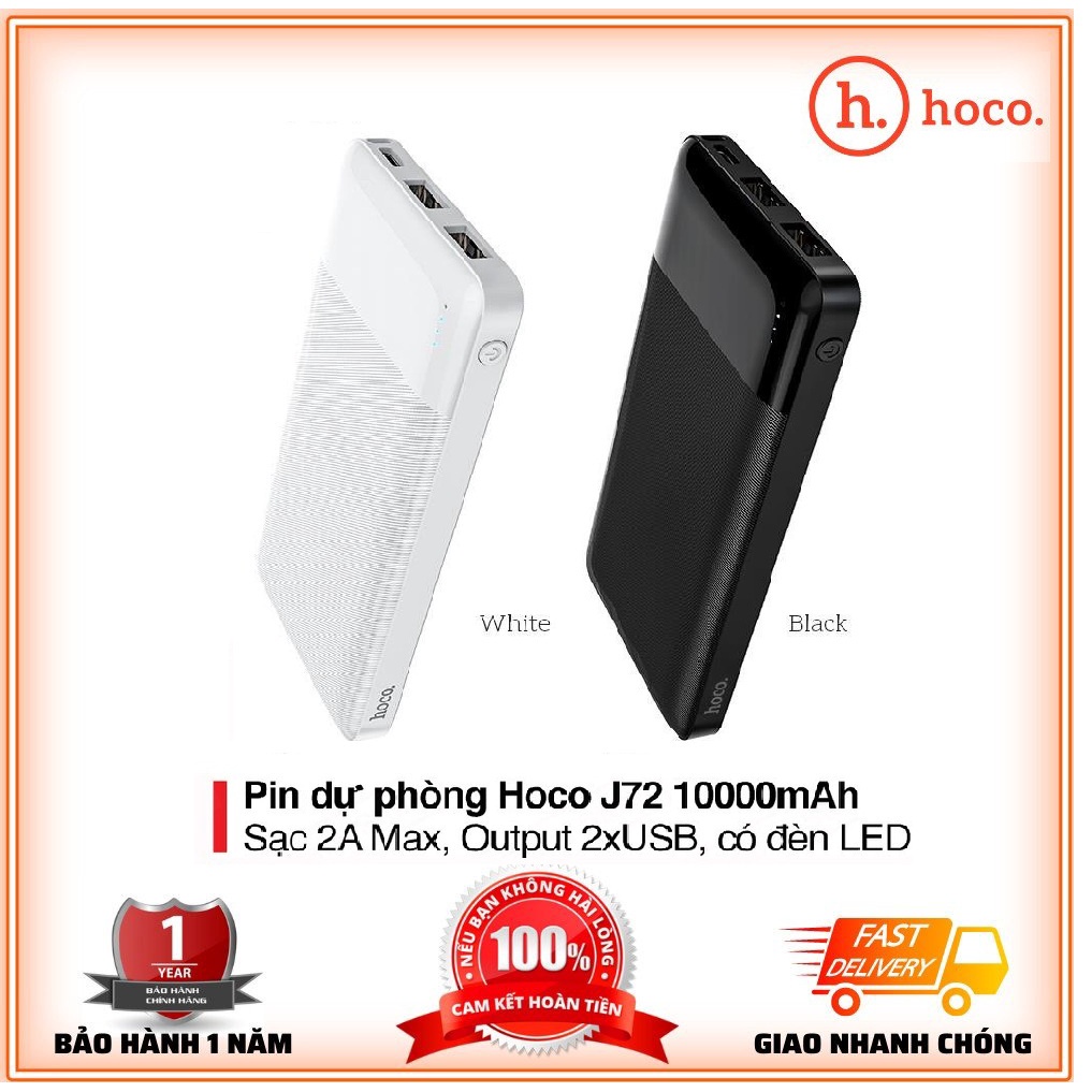 Sạc Dự Phòng Hoco J72/J95 10000mAh hàng chính hãng 2 Cổng Input/Output Max 2A Đèn Led Hiển Thị - BH 1 Năm