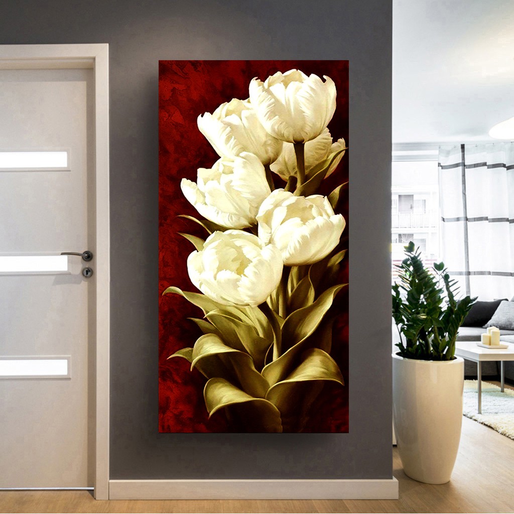Tranh canvas treo tường hoa phong cách sơn dầu khổ dọc LINLY - 45 x 90 cm