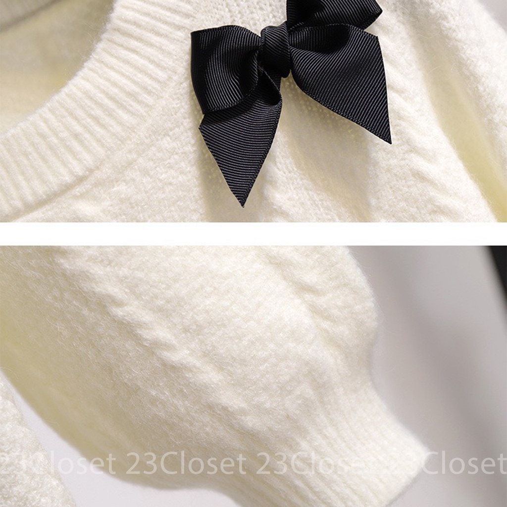 Áo len cổ 3 phân nữ 23Closet áo len cổ tròn tay dài thắt nơ  kiểu Hàn Quốc chất len thừng dệt kim màu đỏ trắng đen hồng