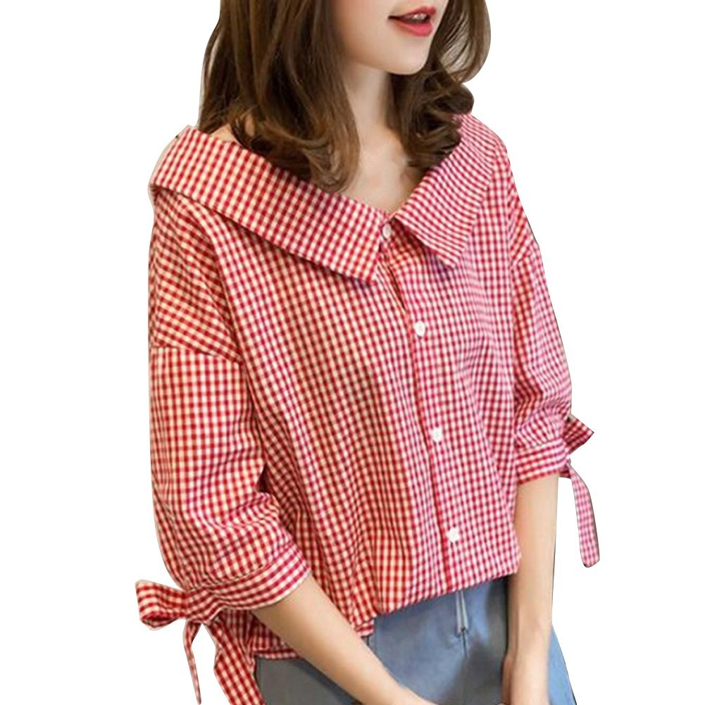 Áo sơ mi kiểu cổ áo lá sen nhọn tay lỡ cột nơ với họa tiết sọc ca rô duyên dáng cho nữ
