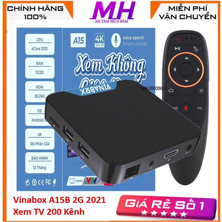 TV Box Vinabox A15 B 2021 Ram 2G Rom 16G Truyền hình miễn phí 200 kênh , Kèm điều khiển giọng nói - Hàng Chính Hãng