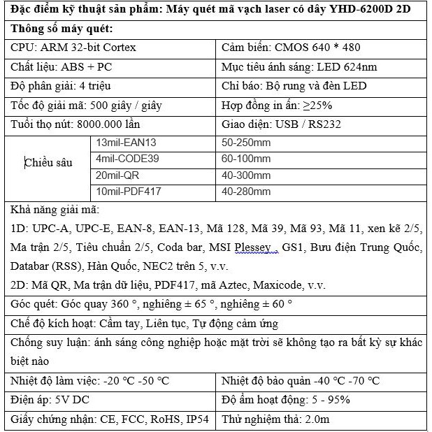 Máy quét mã vạch 2D YHD 6200D có dây, Đầu đọc mã vạch Barcode(1D) Qrcode(2D), Máy đọc mã vạch dùng trên Máy tính, Laptop