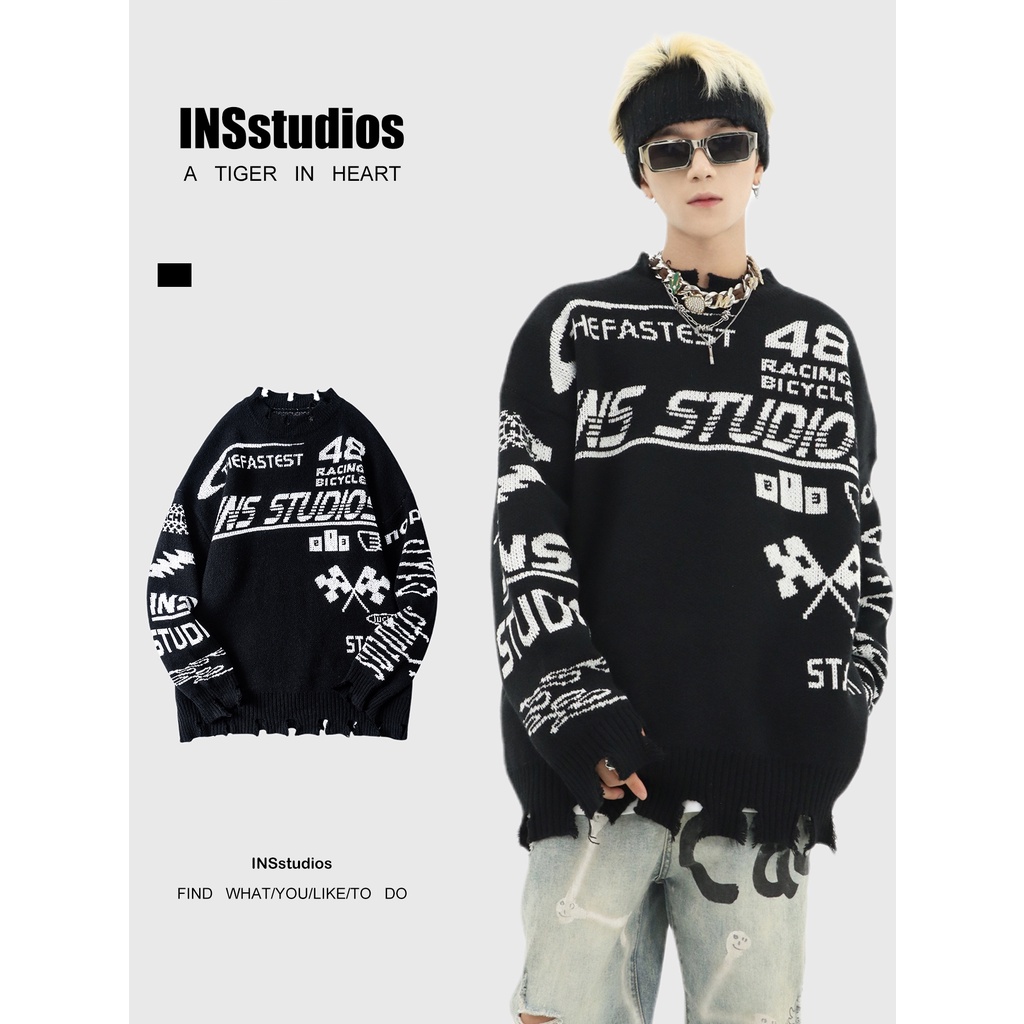 ÁO LEN UNISEX RÁCH VẠT - ÁO LEN HỌA TIẾT CHỮ ULZZANG - ÁO LEN DÀI TAY PHONG CÁCH HÀN QUỐC