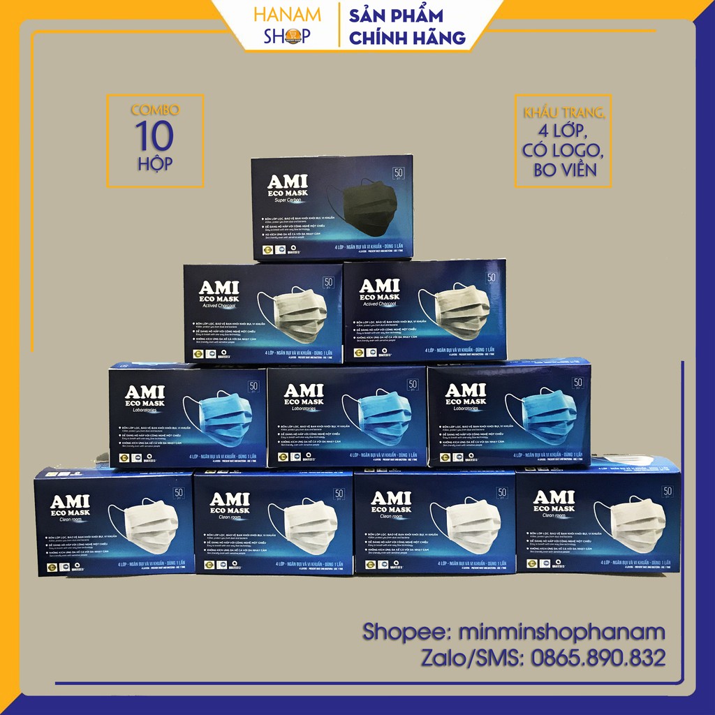 10 hộp Khẩu trang y tế 4 lớp kháng khuẩn chính hãng AMI, mỗi hộp 50 chiếc, có logo, đóng gói 10 chiếc 1 túi