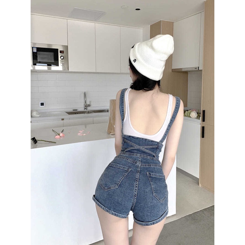 [LININ] Quần Yếm Denim Ngắn Mỏng Dáng Ôm Lưng Cao Ống Thẳng