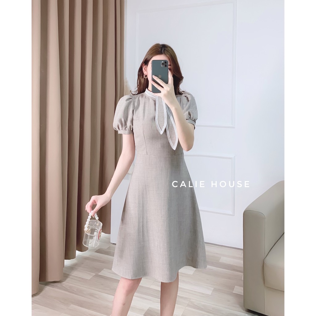 Váy cổ nơ 2 đường ren thời trang công sở Calie House V202