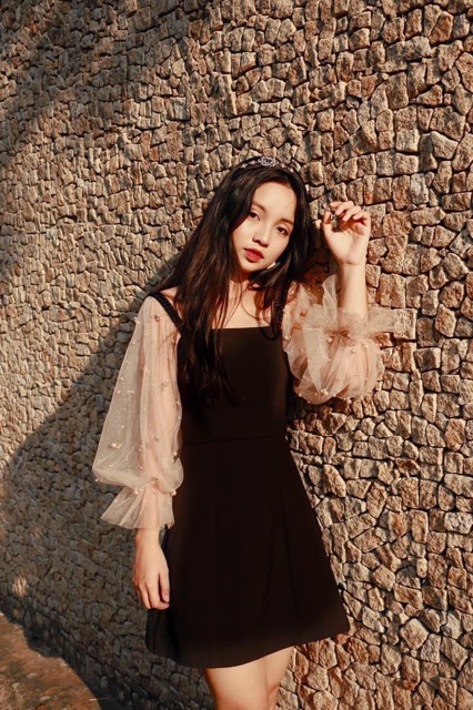 Đầm dự tiệc tay voan đính ngọc dễ thương | BigBuy360 - bigbuy360.vn