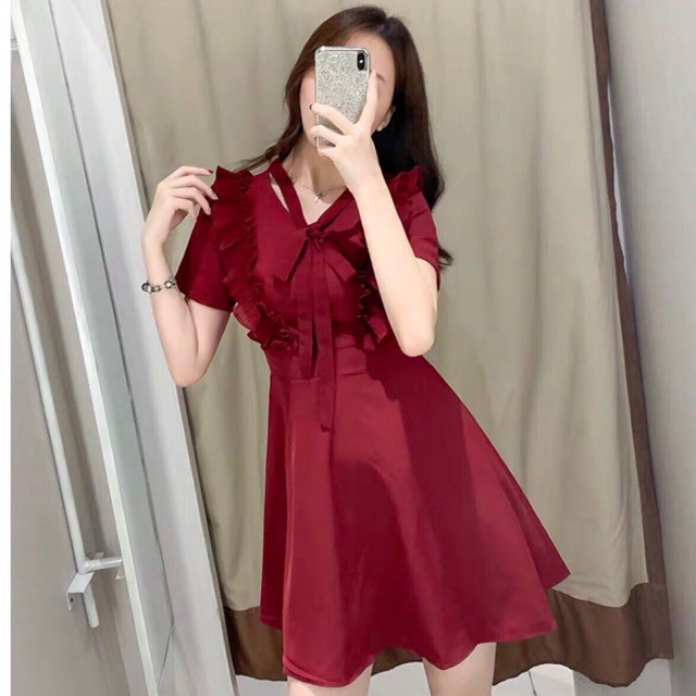 Đầm váy freesize đỏ cổ V phối dập li