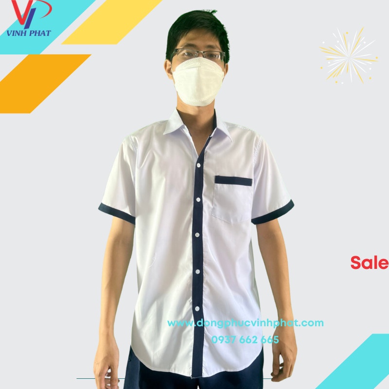 Áo Sơ Mi Trắng Ngắn Tay Nam Kiểu Viền Xanh Đồng Phục Học Sinh Đi Học Cấp 2 Cấp 3 - VĨNH PHÁT