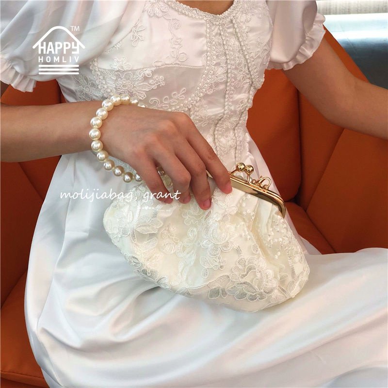 Túi xách đeo chéo HAPPY HOMLIV handmade màu trắng đính ngọc trai thời trang mùa hè cho nữ đi tiệc