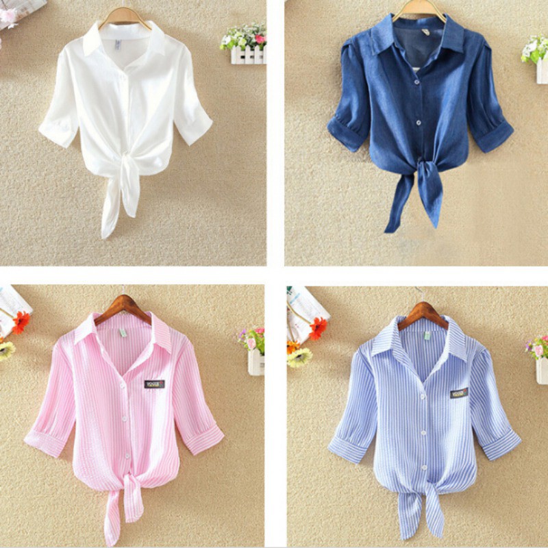 Áo sơ mi ngắn tay buộc tà phong cách trẻ trung dành cho nữ