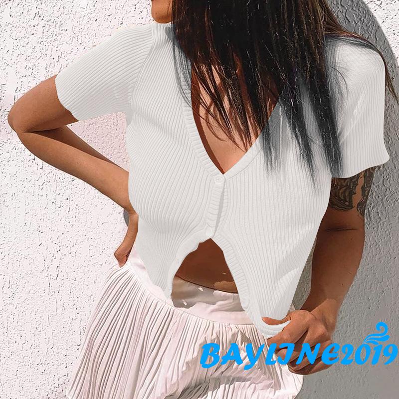 Áo Croptop Dệt Kim Tay Ngắn Cổ Chữ V Thiết Kế Đơn Giản Cho Nữ