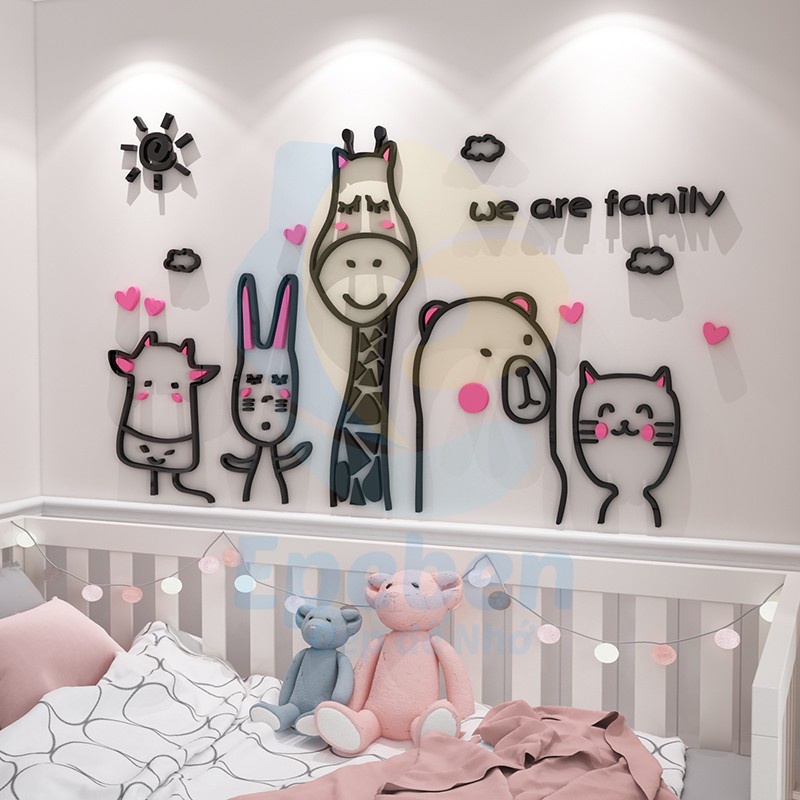 Tranh dán tường mica 3d decor khổ lớn we are family trang trí mầm non, phòng cho bé Nhiều Size - EPeBen