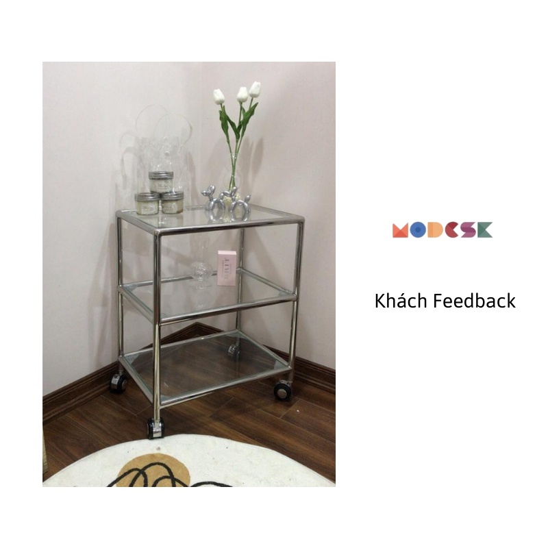 Kệ sofa - đựng mỹ phẩm Modesk SS Sofa Trolley Glass Light khung inox - kính cường lực - bánh xe
