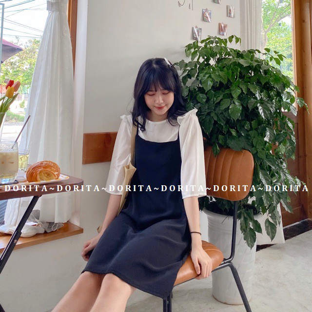 [Ảnh thật/Video] Set yếm 2 dây + áo voan trắng tay lửng Ulzzang - Dorita Boutique