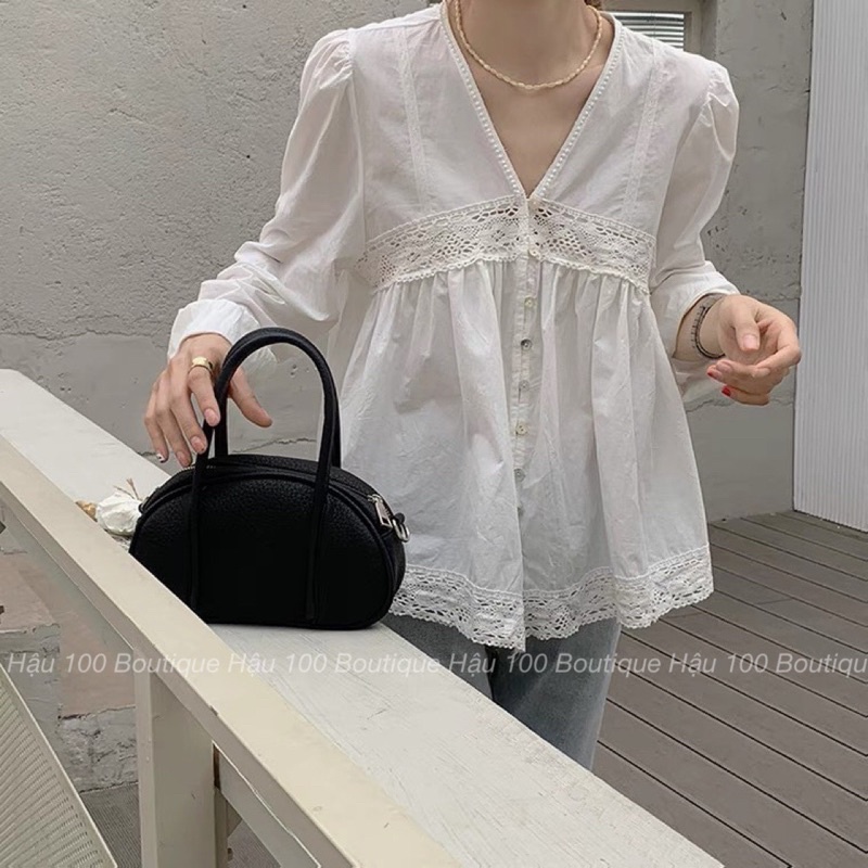 Áo babydoll cổ V phối ren ngực nữ tính ulzzang Hàn Quốc