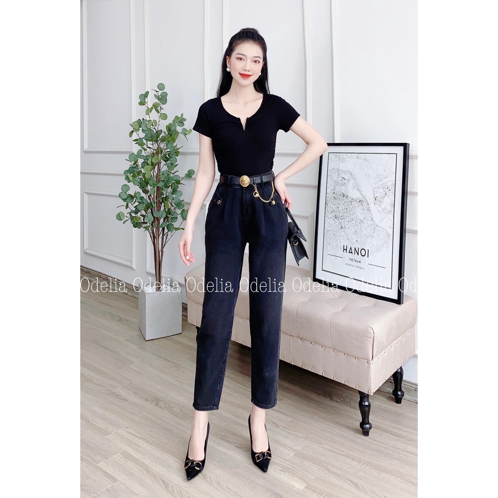 Quần baggy jeans Odelia đai da mặt kim loại - Q5905