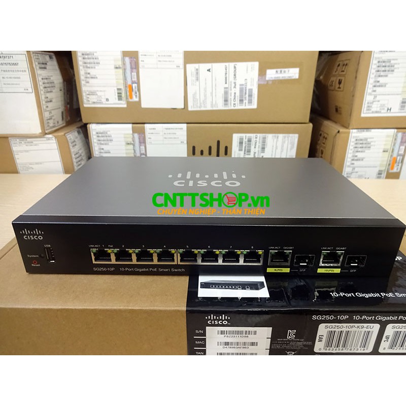 SG250-10P-K9-EU Bộ chia mạng Switch Cisco 8 cổng PoE+ 62W 2 RJ45/SFP 60W PoE Uplink