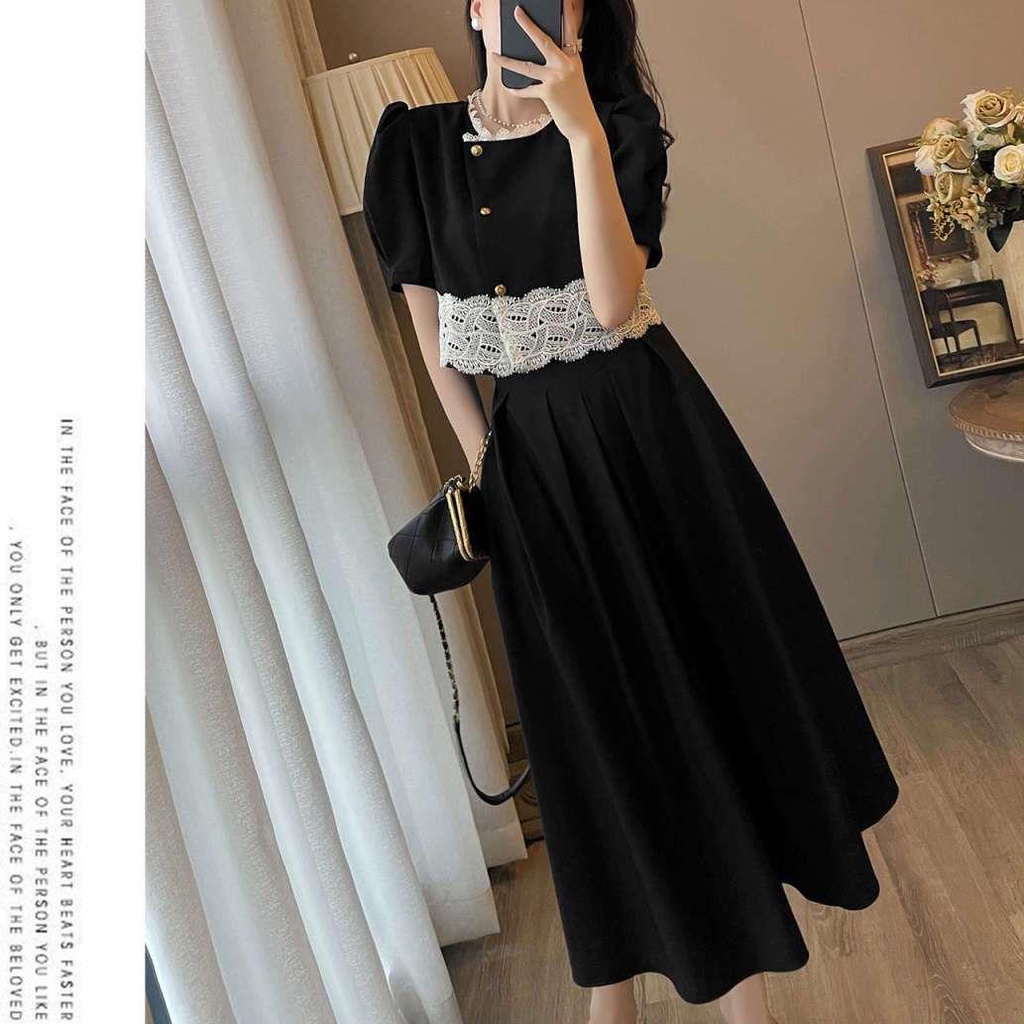 Bộ Áo Đen Dáng Ôm Phối Chân Váy Dài Kiểu retro Pháp Chất Lượng Cao