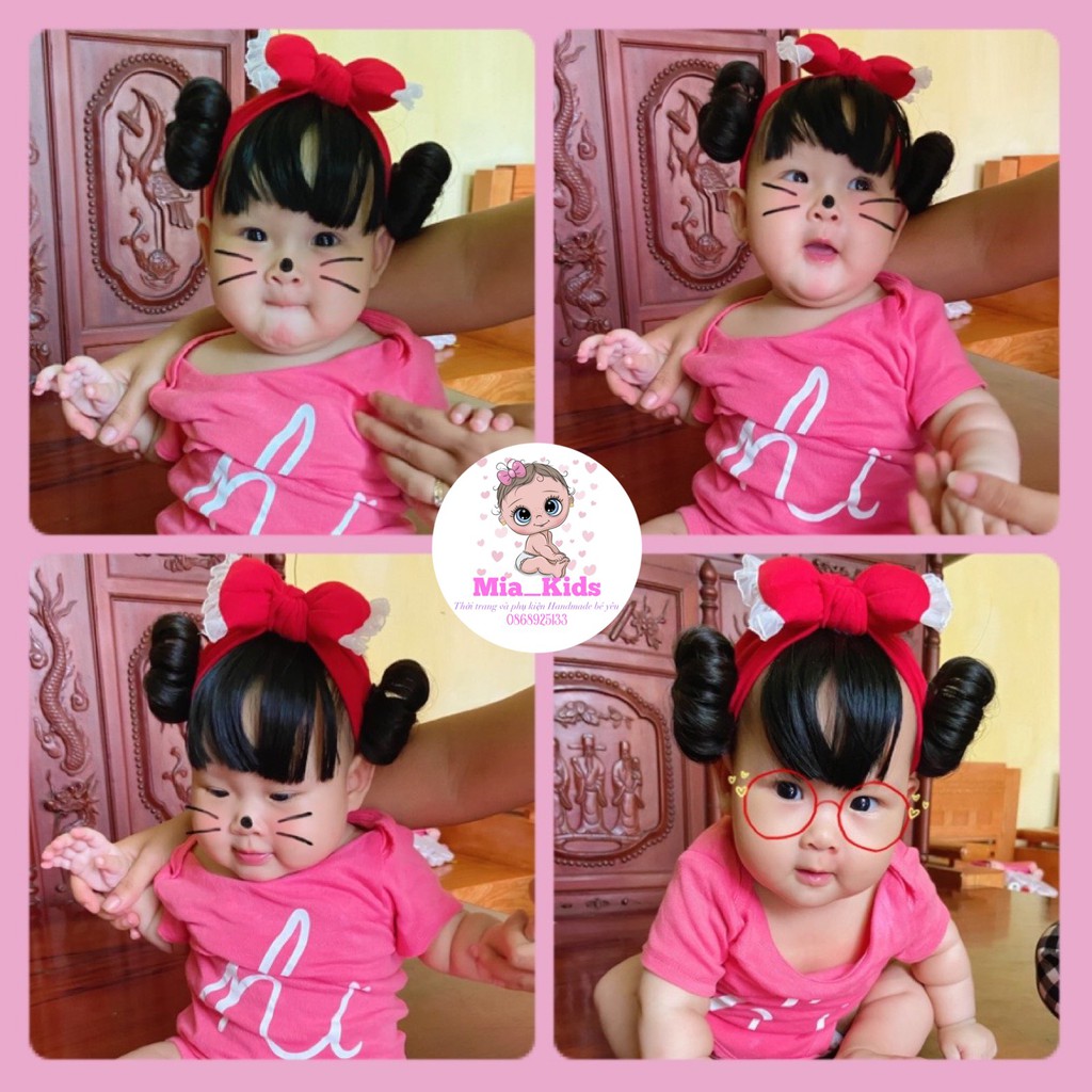 Turban Băng Đô Tóc Giả Hai Bên - Kèm Nơ Chất Cotton Dễ Thương Cho Bé Gái