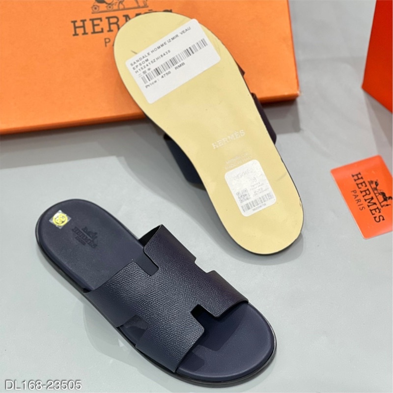 Dép lê quai da chữ H xanh than có hộp kèm - Dép quai da HM cao cấp full box