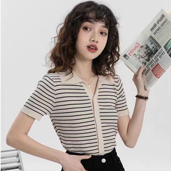 Áo polo ZHELIHANGFEI dệt kim tay ngắn cổ bẻ có nút cài họa tiết kẻ sọc thời trang dành cho nữ