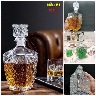 Chai Đựng Rượu Thủy Tinh 750ML vuông vát đáy họa tiết nổi - Bình thủy tinh độc lạ (B1)