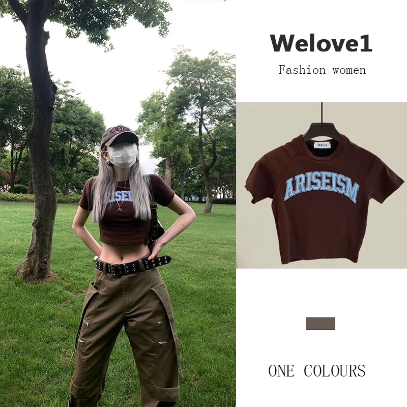 Áo thun lửng ngắn tay hở rốn phong cách Mỹ cổ điển thời trang dành cho nữ