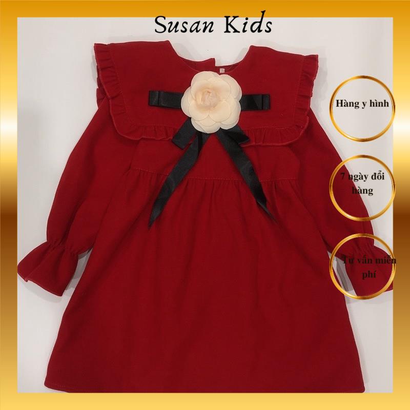Đầm nhung tăm đỏ hoa lụa dài tay cho bé