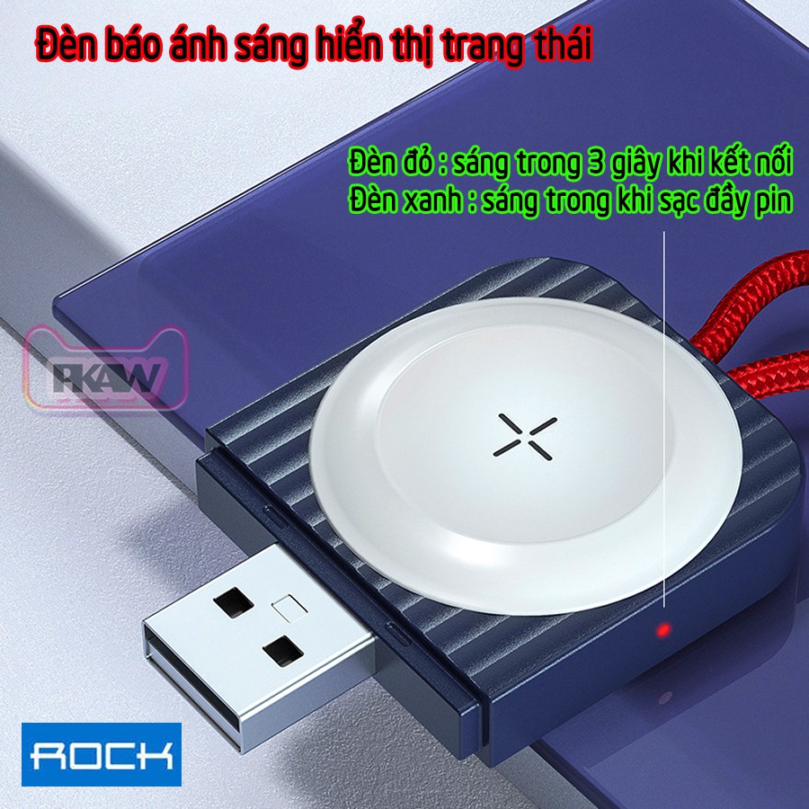 Đế Sạc Không Dây Rock W26 cho Apple Watch 38/40/42/44mm Series 1/2/3/4/5/6/Se - cổng USB-A - Trắng, Xanh.