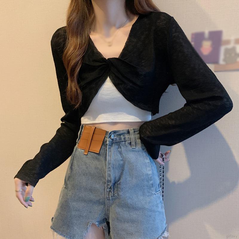 Áo Croptop Tay Dài Cổ Chữ V Phong Cách Hàn Quốc Thời Trang Cho Nữ