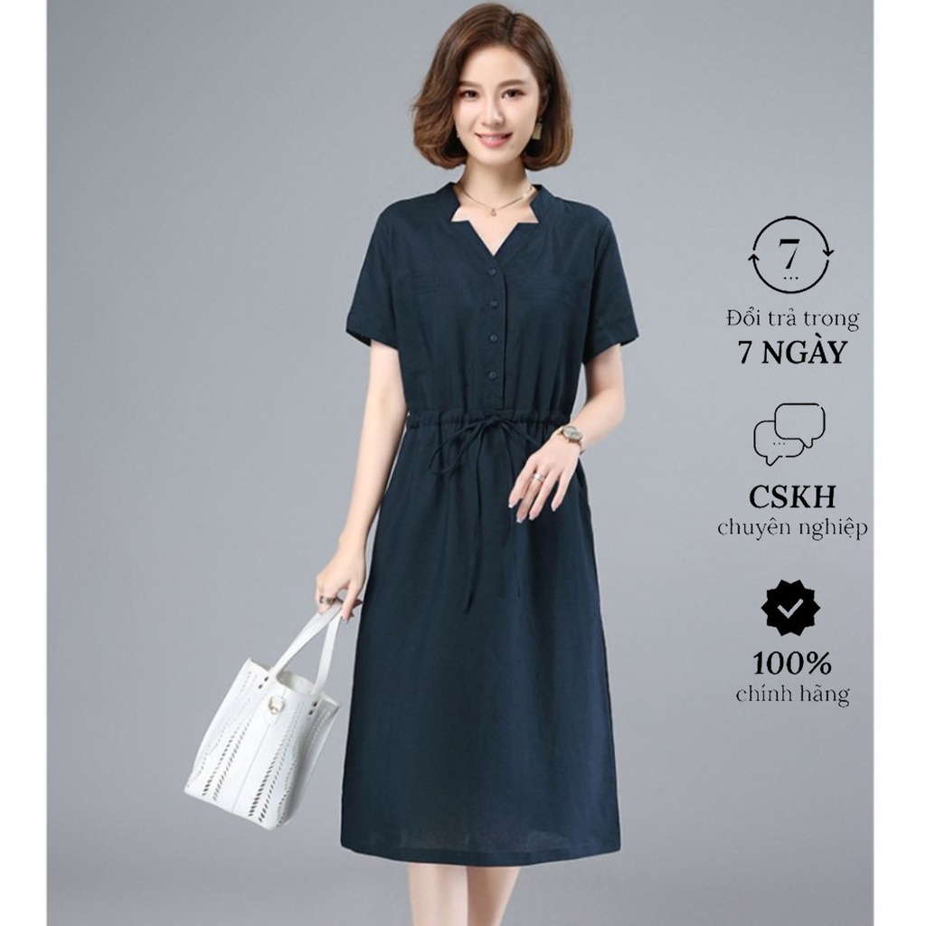 Đầm linen dáng suông, váy sơ mi nữ  thiết kế cổ V ngắn tay công sở màu xanh đen Da164